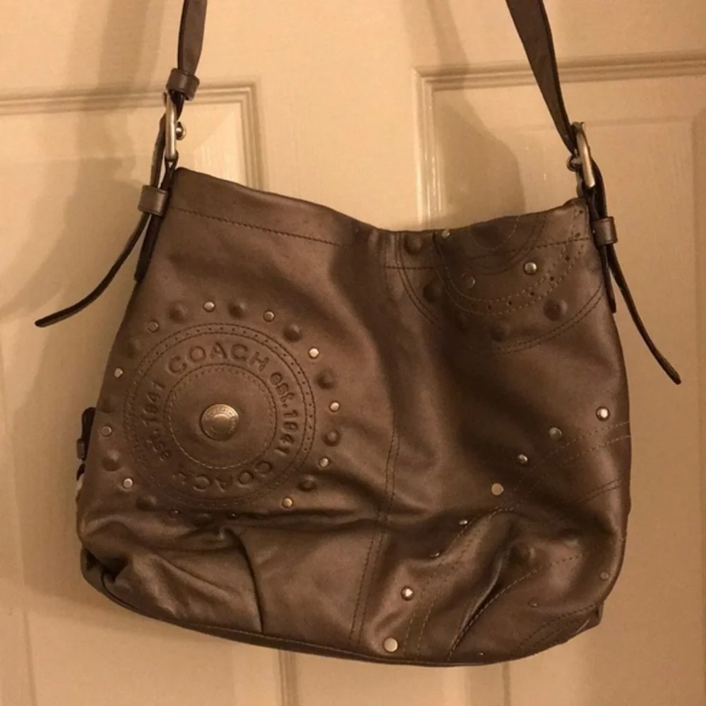Coach Hobo Bag Grey Leather Studded Applique Duffel Silver Graphite k1269-f16178